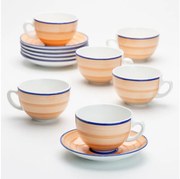 Комплект 6 керамични чаши с чинийки, оранжево и синьо