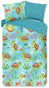 Синьо единично удължено памучно детско спално бельо 140x220 cm Turtles – Good Morning