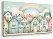 Картина на платно – Пастелни къщички с дъга