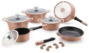 Комплект тенджери и тигани Royalty Line RL-ES1014M Copper, Лят алуминий, 14 части, Мраморно покритие, Меден