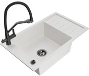 Mexen Elias гранитна кухненска мивка 1-коморна с отцедник и кухненски смесител Duo, бял - 6511-20-671701-70-B