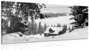 Картина на платно – Дървена къщичка край заснежени борове в черно-бяло