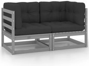 805732 vidaXL Градински 2-местен диван с възглавници, сив, борово дърво масив