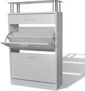 241244 vidaXL Шкаф за обувки с чекмедже и горен стъклен плот, дърво, бял