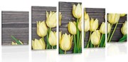 картини от 5 части – Очарователни жълти лалета на дървена основа