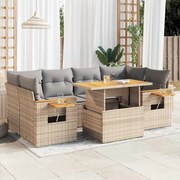 3327566 vidaXL Градински диван с възглавници, 7 части, бежов полиратан акация
