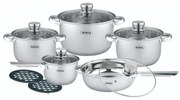 Комплект тенджери и тигани Rosberg R51210L12BM, 12 части, Многослойно дъно, Неръждаема стомана, Сребрист