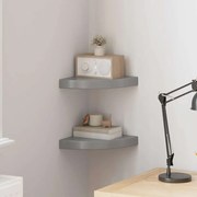 323893 vidaXL Окачени ъглови рафтове, 2 бр, сив гланц, 25x25x3,8 см, МДФ
