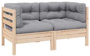 806645 vidaXL 2-местен градински диван със сиви възглавници, бор масив