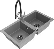 Mexen Mario двукамерна кухненска мивка от гранит с кухненски смесител Duo, сива - 6504-71-671701-07-B