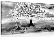 Картина на платно – Чапли под магическо дърво в черно-бяло изпълнение