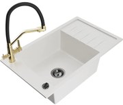 Mexen Elias гранитна кухненска мивка с 1 корито, отцедник и кухненски смесител Duo, бял - 6511-20-671701-57-B