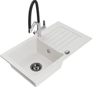 Mexen Pablo еднокамерен гранитен мивка с отцедник и кухненски смесител Duo, бял - 6510-20-671701-07-B