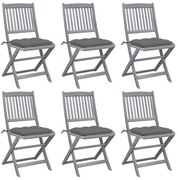 3065450 vidaXL Сгъваеми градински столове, 6 бр, с възглавници, акация масив