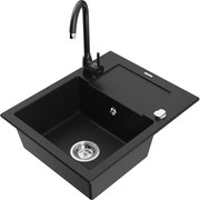 Mexen Enzo гранитна кухненска мивка с 1 корито, с отцедник и кухненски смесител Telma, черен - 6506-77-670200-70