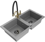 Mexen Mario гранитна мивка с две корита и кухненски смесител Duo, сив - 6504-71-671701-57-B
