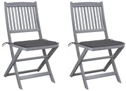 3064536 vidaXL Сгъваеми градински столове, 2 бр, с възглавници, акация масив