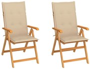 3062379 vidaXL Градински столове, 2 бр, бежови възглавници, тиково дърво масив