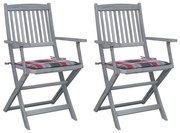 3064495 vidaXL Сгъваеми градински столове, 2 бр, с възглавници, акация масив
