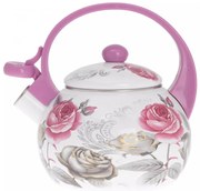 Свирещ чайник Kinghoff KH 1911, 2 л, Емайл, Топлоизолирана дръжка, Индукция, Бял/Розов