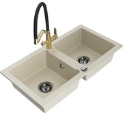 Mexen Mario гранитна кухненска мивка с 2 отделения и кухненски смесител Duo, бежов - 6504-69-671701-57-B