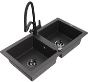 Mexen Mario гранитна кухненска мивка с два корита и кухненска батерия Duo, черен на пръски - 6504-76-671701-70-B