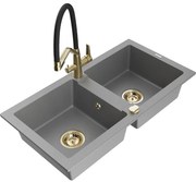 Mexen Mario гранитна кухненска мивка с 2 камери и кухненски смесител Duo, сив - 6504-71-671701-57-G