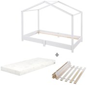 Бяло къща детско легло 70x140 cm от масивна дървесина с включен матрак/с включена подматрачна рамка – Roba
