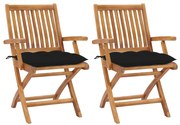 3062428 vidaXL Градински столове, 2 бр, черни възглавници, тиково дърво масив