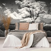 Тапет – Черно-бяло дърво обляно в облаци