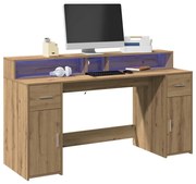 3309437 vidaXL Бюро с LED осветление дъб артизан 160x55x91 см инженерно дърво