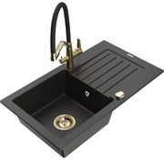 Mexen Pablo кухненска мивка еднокамерна с плот и кухненски смесител Duo, черен/златист металик - 6510-75-671701-57-G