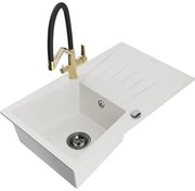 Mexen Cesar гранитна мивка с 1 отделение и отцедник и кухненска батерия Duo, бял - 6514-20-671701-57-B