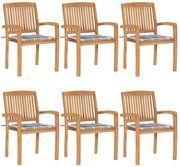 3073239 vidaXL Стифиращи градински столове с възглавници 6 бр тик масив