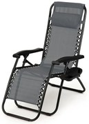 Градински шезлонг сив с поставка за напитки