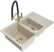 Mexen Gaspar мивка от гранит 1,5-камерна с отцедник и кухненски смесител Duo, бежов - 6507-69-671701-57-G