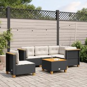 3261839 vidaXL Градински диван с възглавници, 6 части, черен, полиратан