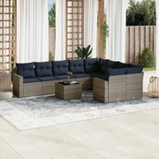3219441 vidaXL Градински диван с възглавници, 10 части, полиратан, сив