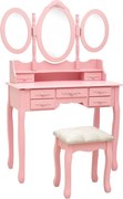 289327 vidaXL Тоалетка с табуретка и тройно сгъваемо огледало, розова