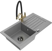 Mexen Pablo гранитна кухненска мивка с 1 корито, с отцедник и кухненски смесител Duo, сив - 6510-71-671701-57-B