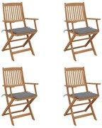 3064618 vidaXL Сгъваеми градински столове, 4 бр, с възглавници, акация масив