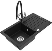 Mexen Pablo кухненска мивка от гранит с 1 отделение и отцедник и кухненски смесител Duo, черен - 6510-77-671701-07
