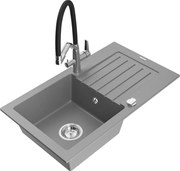 Mexen Pablo гранитна мивка с една камера и отцедник и кухненска батерия Duo, сива - 6510-71-671701-07