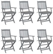 3065408 vidaXL Сгъваеми градински столове, 6 бр, с възглавници, акация масив