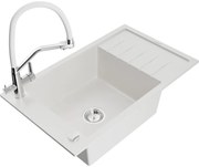 Mexen Elias еднокамерна гранитна мивка с отцедник и кухня батерия Duo, бял - 6511-20-671701-02