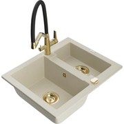 Mexen Carlos кухненска мивка гранитна 1,5-комплект с кухненски смесител Duo, бежов - 6518-69-671701-57-G