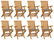 3072890 vidaXL Градински столове със сиви възглавници 8 бр тик масив