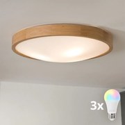 Brilagi-LED RGBW Димируем таванен осветител CARVALHO SLIM 3xE27/15W/230V Wi‑Fi, дъб, Ø47 см