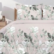 Премиум памучно спално бельо - бежово със зелени цветя Ширина: 160 см | Дължина: 200 см
