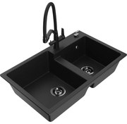 Mexen Tomas гранитна кухненска мивка 2-камерна с кухненски смесител Duo, черен - 6516-77-671701-70-B